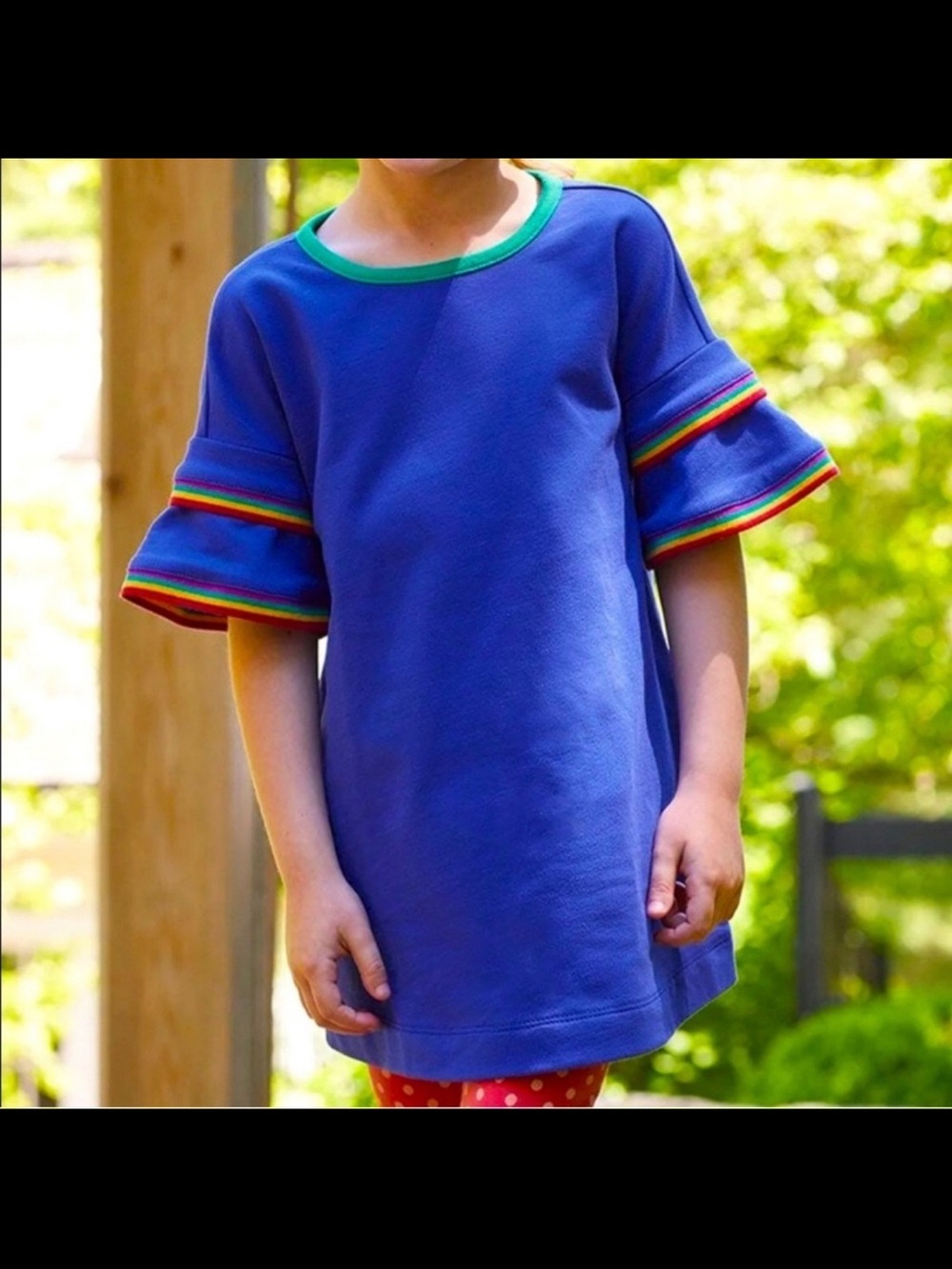 Matilda Jane Size 2  School Bell Dress Blue with Rainbow Stripe Ruffle Sleeve